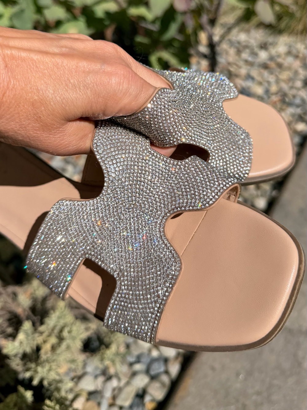Sparkly Rhinestones Nude Slide Sandals with Crystal-Strap Accents in H Style - Picture 9 of 11